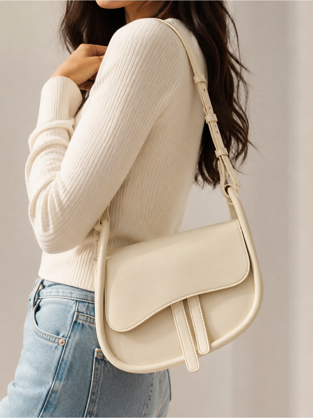 Madison West Ivory Cream Minimalist Crossbody Vegan Leather Shoulder Saddle Bag